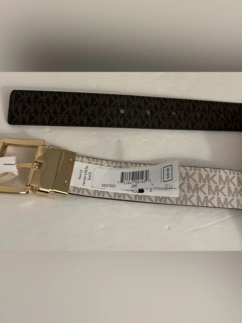 Michael Kors Reversible Logo Belt in Brown and Beige with Gold Buckle